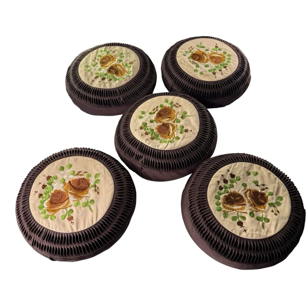Set of 5 Round Embroidered Rose Throw Pillows Brown Satin Decorative Cushions